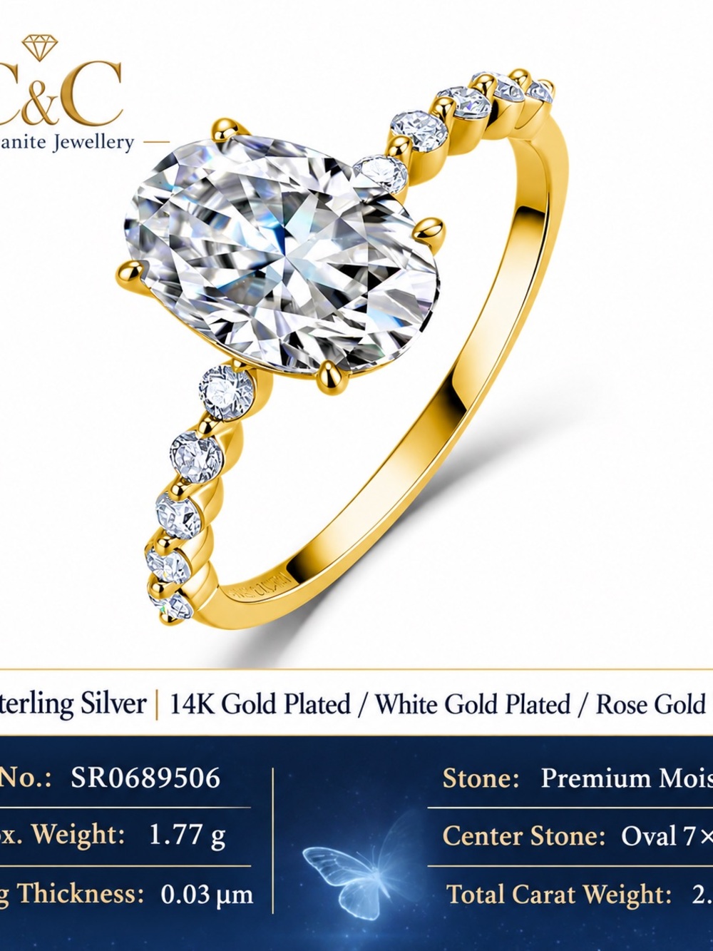 C.C Gold Plated Oval CEngagement Ring - White Crystal